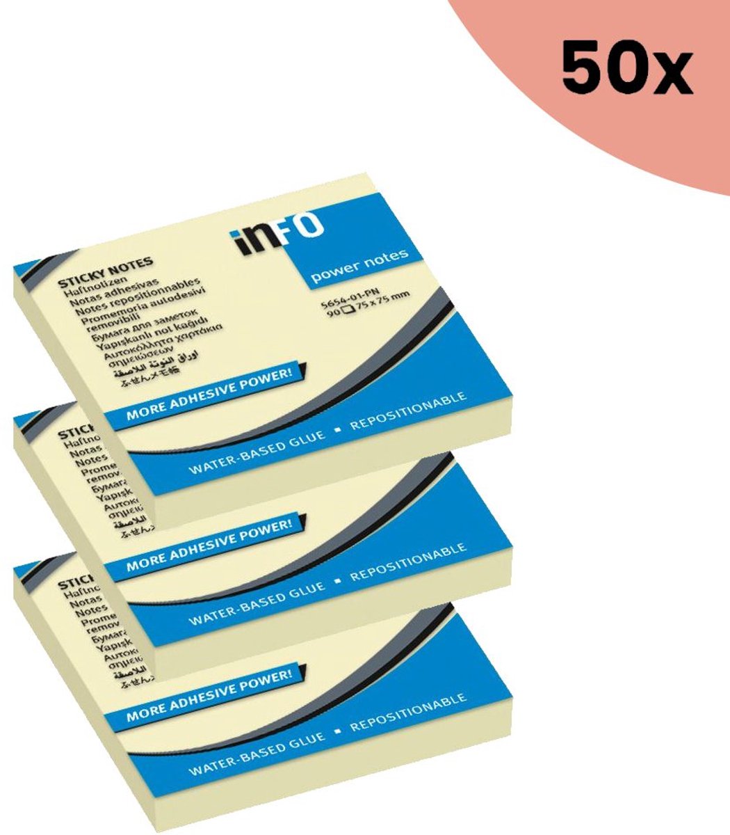 50x Powernotes info notes 75x75mm geel blok a 100 vel.