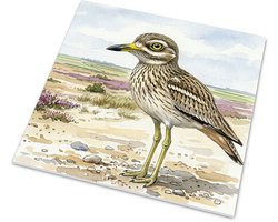 Griel (Burhinus oedicnemus) op zanderige heide - Aquarel Series - Glanzende tegel met weidevogel motief - Muurdecoratie natuurliefhebber - Origineel vogel cadeau voor hem & haar: Vrouw, Vriend(in) & Collega - Ornithologie woonaccessoire landelijk