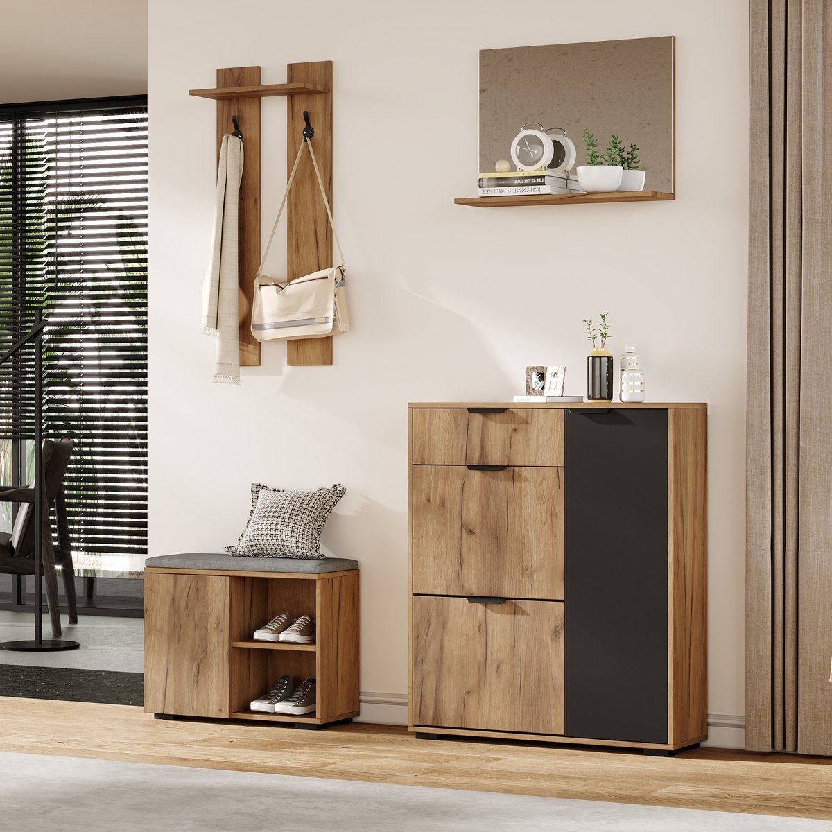 Wishdor - Halgarderobeset - Schoenenbank En Spiegel - Modern - Voor De Hal - Spaanplaat - Naturel En Zwart - 140 X 35 X 139 Cm