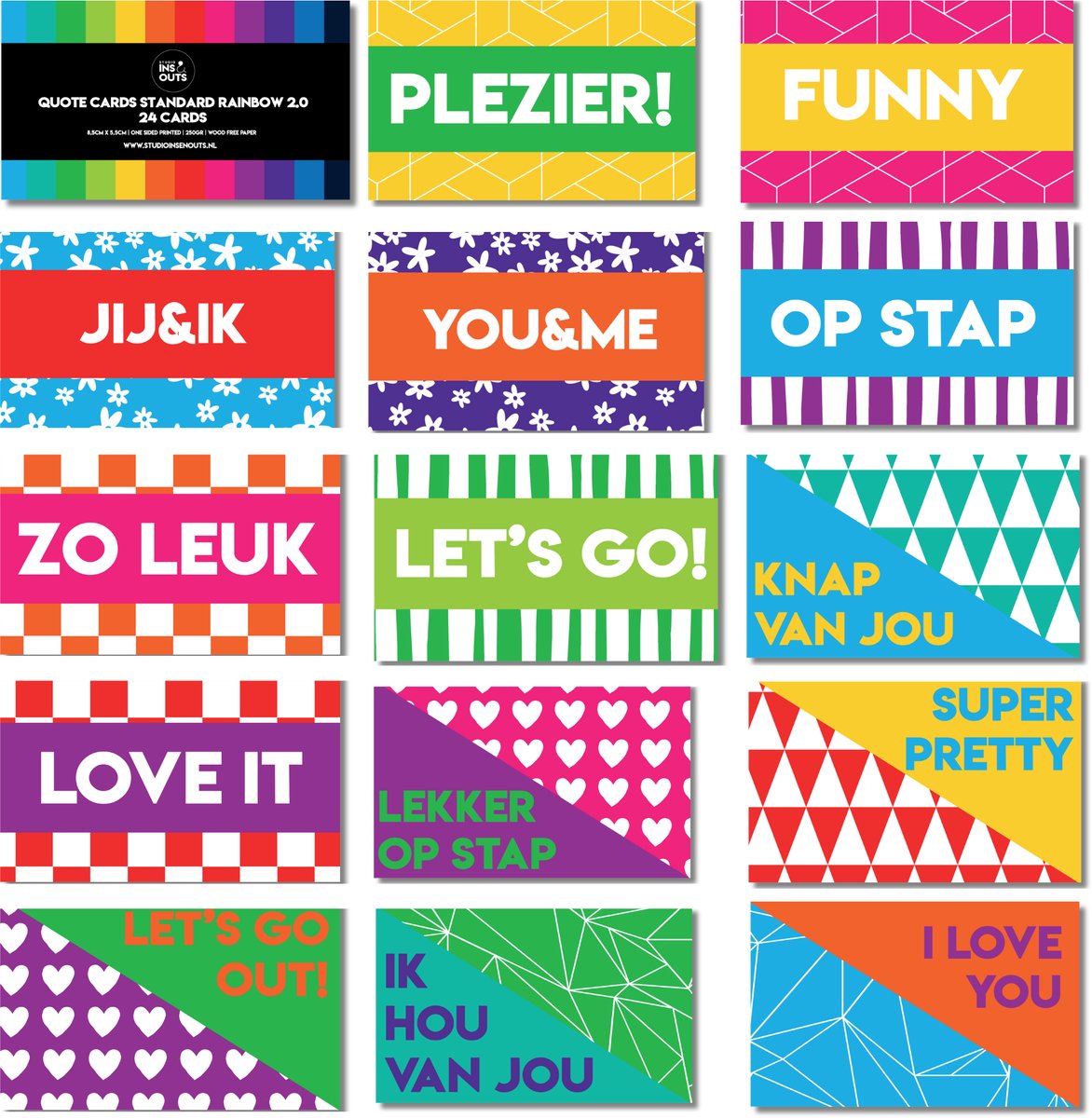 Kleine Wenskaartjes | Tekstkaartjes Journal & Scrapbook | Quotekaartjes Dubbelzijdig | 4x6 cm | 24 Stuks | Rainbow 2.0