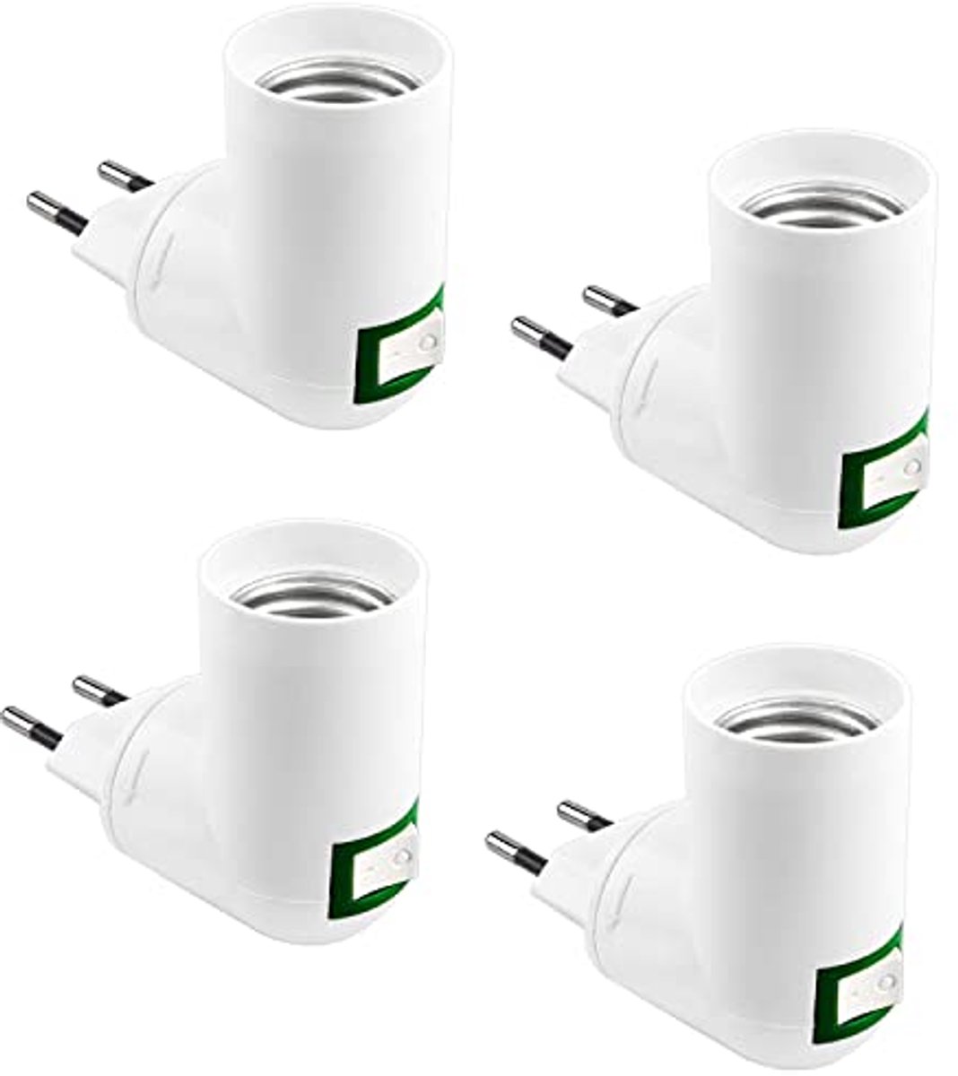 Set van 4 E27-lampfittingen met schakelaar (draadloos) – Witte E27-lamphouders voor LED-lichtbronnen – 360° EU-stekker – Ideaal voor verlichting in keuken en garage