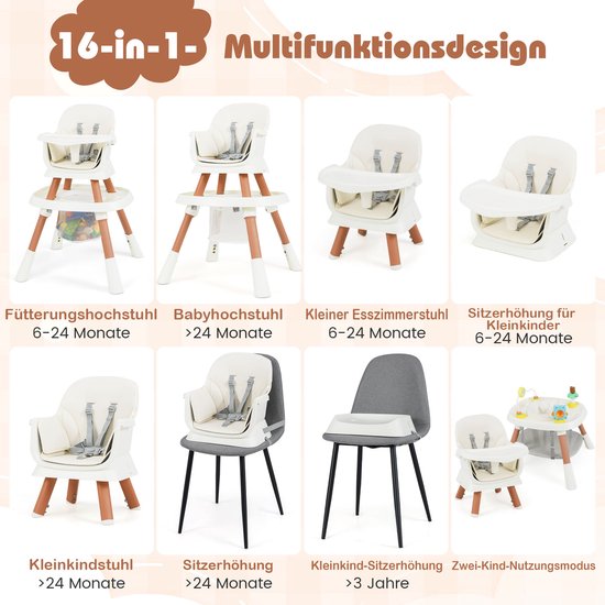 COSTWAY kinderstoel 16 in 1, kinderstoel & speelgoedtafel & bouwblokkenbord & kinderstoel & zitverhoger met afneembaar dienblad, 5-puntsgordel & mand, kinderstoel voor kinderen vanaf 6 maanden (wit) van COSTWAY — afbeelding 4