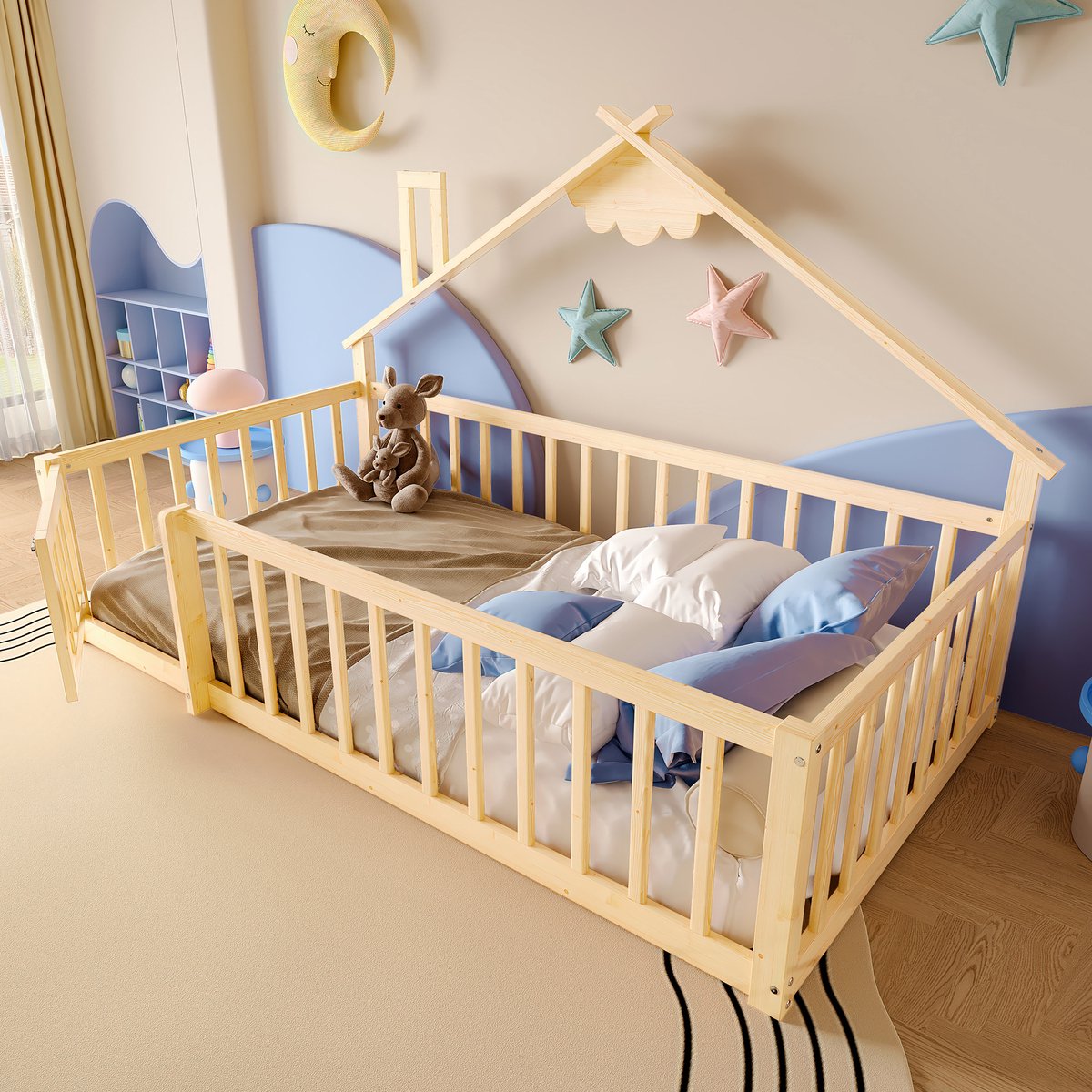 MODENUIT Kinderbed 90x190 cm – Huisvormig bed met zijhek en slot – Zonder matras – Grenenhout en MDF – Naturel
