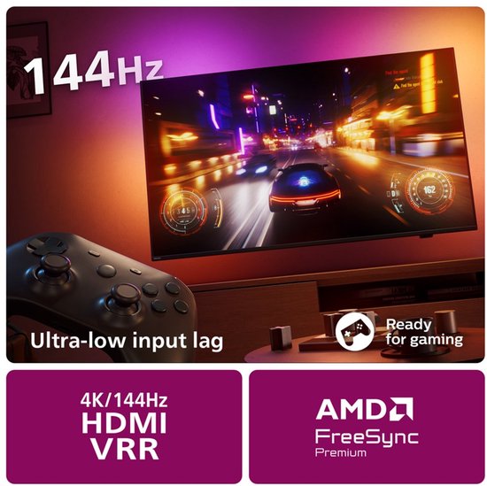 Televisie met 144Hz, ultra-lage input lag, 4K HDMI VRR, AMD FreeSync Premium, klaar voor gaming.