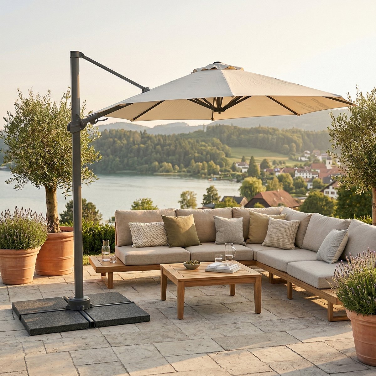 AXI Solis Zweefparasol Ø 300cm Antraciet/beige incl. Hoes – Gepoedercoat frame met kruisvoet – 360° Draaibaar - Kantelbaar – foto 5