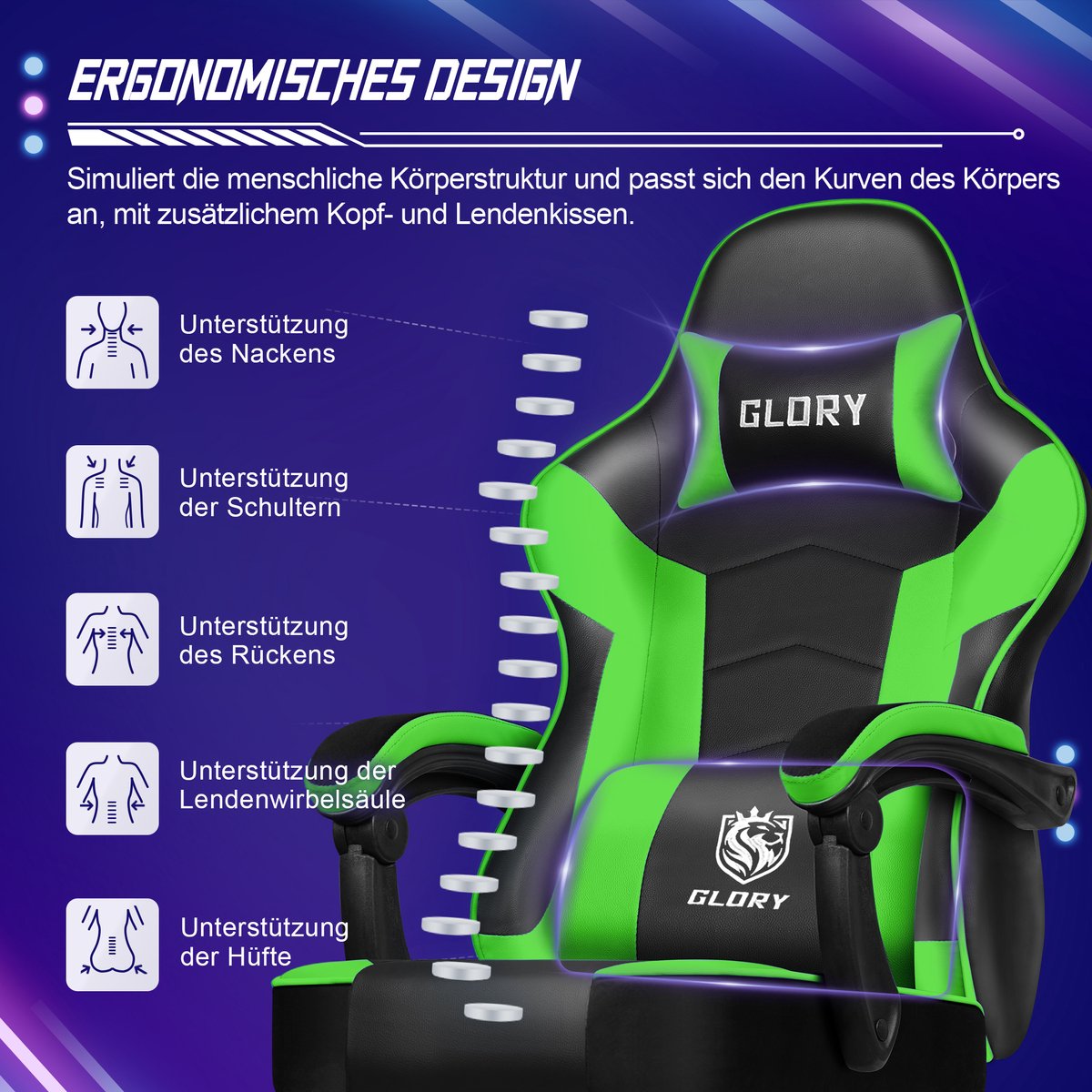 Hiaonyx Gaming Stoel 170° Verstelbaar Groen met Voetsteun - afbeelding 2