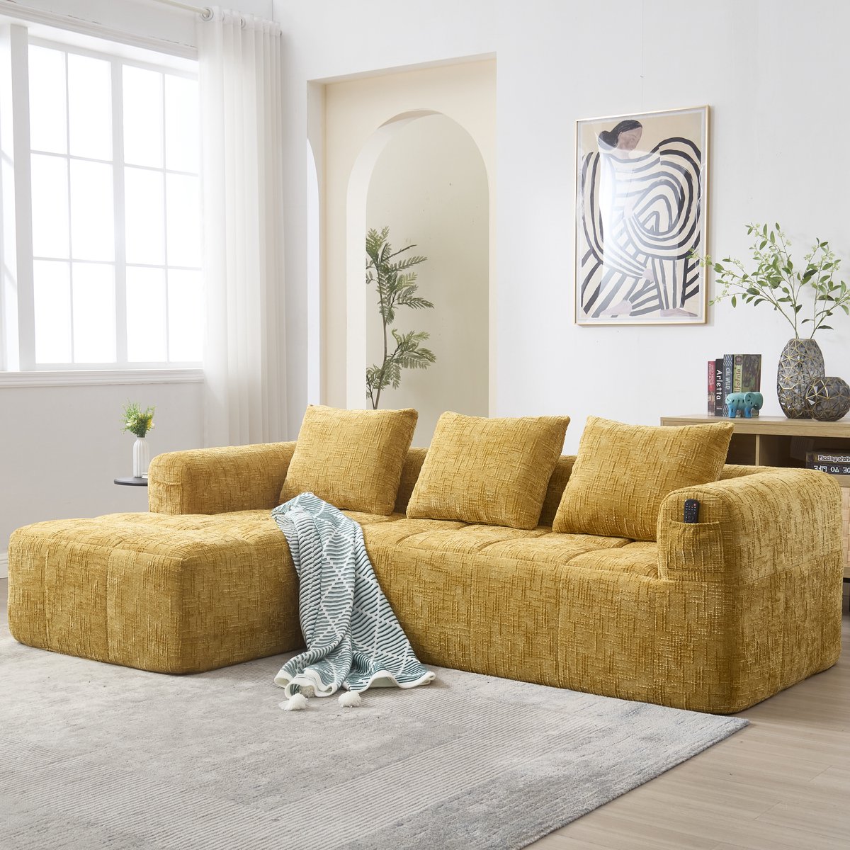 REDOM Modulaire Hoekbank - Chaiselongue En Zijvakken - Modern - Chenille - Geel - 250 X 158 X 60 Cm