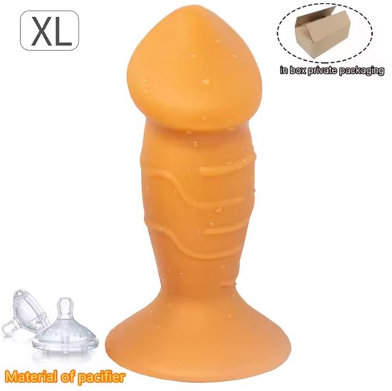 Oranje, flexibele dildo met reliëf en brede basis, maat XL. Inclusief tepels en doos voor discrete verpakking.