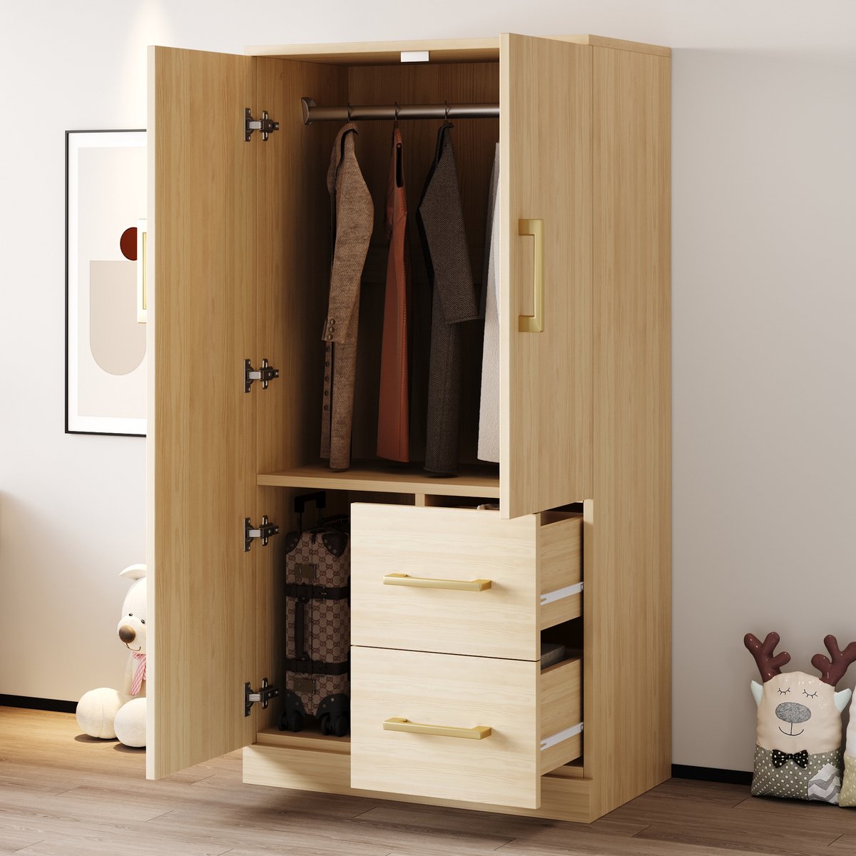 Wishdor - Kledingkast - Dubbele Deuren En 2 Laden - Voor Hoogslaper - Hout - Naturel - 70 X 40 X 135 Cm