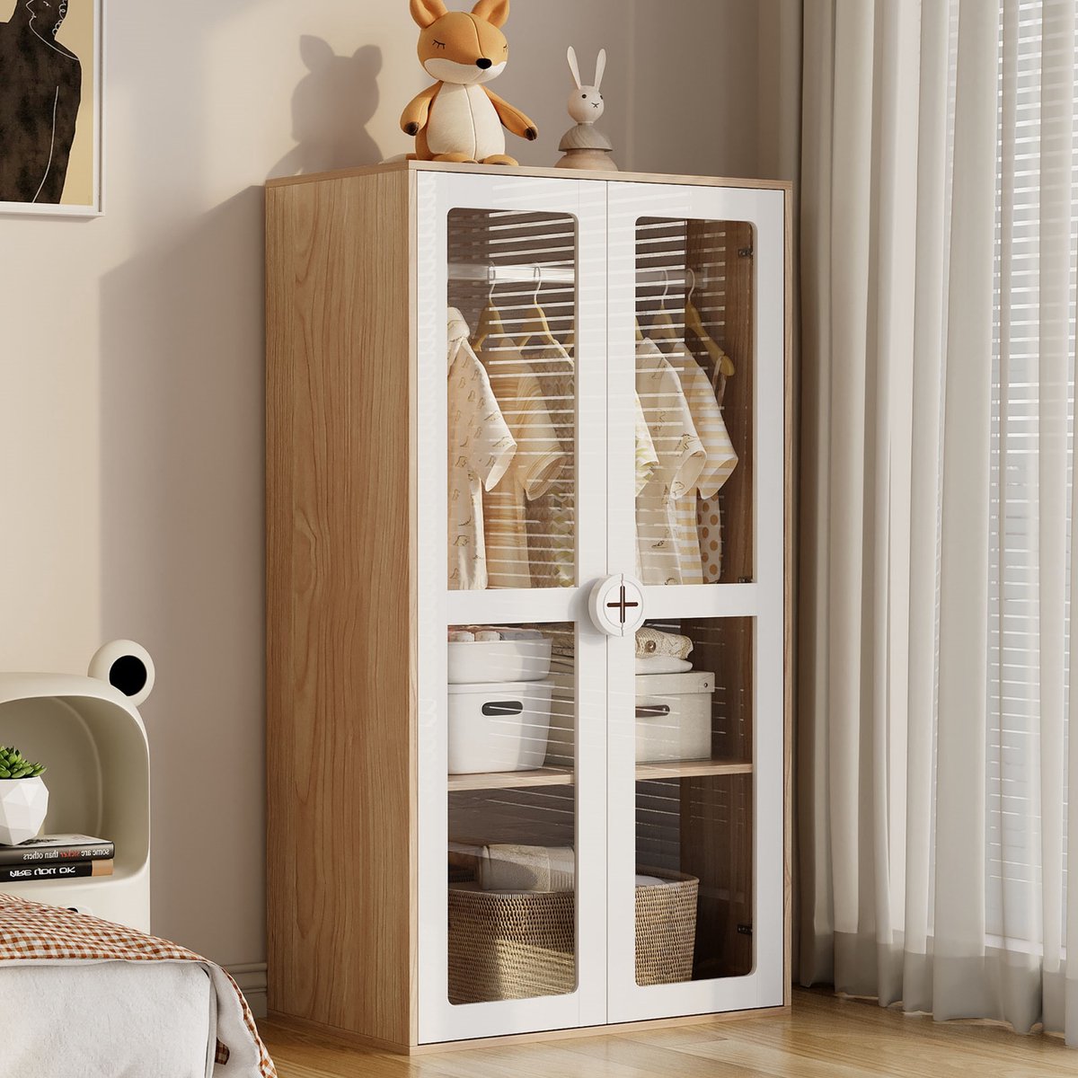 Wishdor - Kinderkledingkast - Verstelbare Planken En Kledingroede - Minimalistisch - MDF - Naturel En Wit - 80 X 50 X 150 Cm