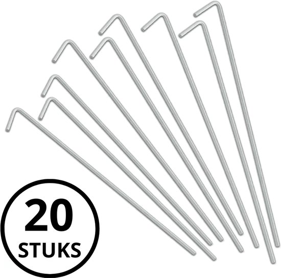 Tien zilverkleurige tentstokken met een L-vormige kop. In de linkerbenedenhoek staat '20 STUKS' in een cirkel.