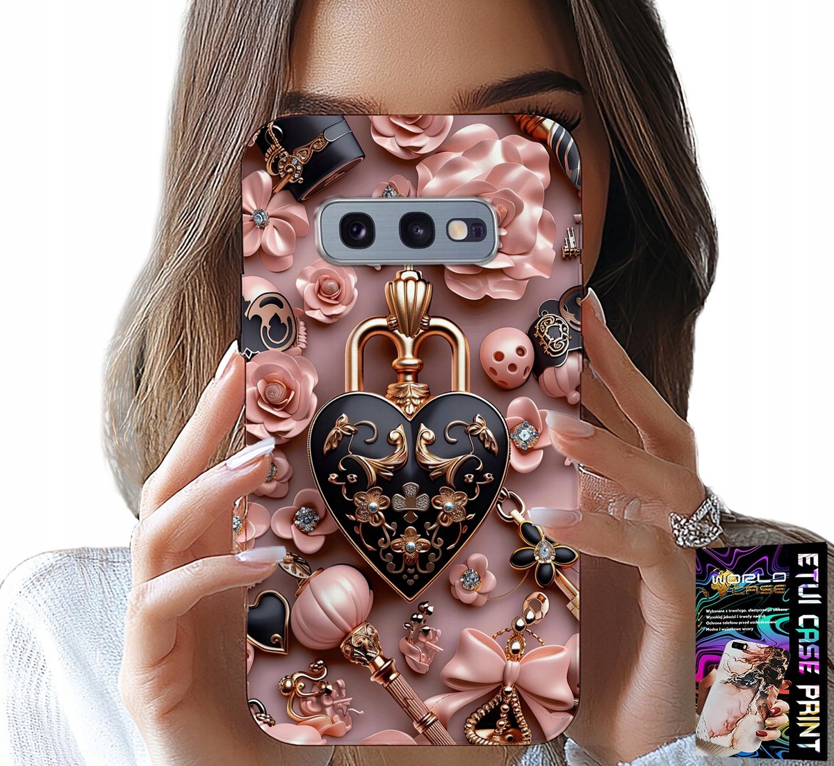HOESJE VOOR SAMSUNG GALAXY S10E - VROUWELIJK PATROON HARTJE MET HANGSLUITING + FOLIE