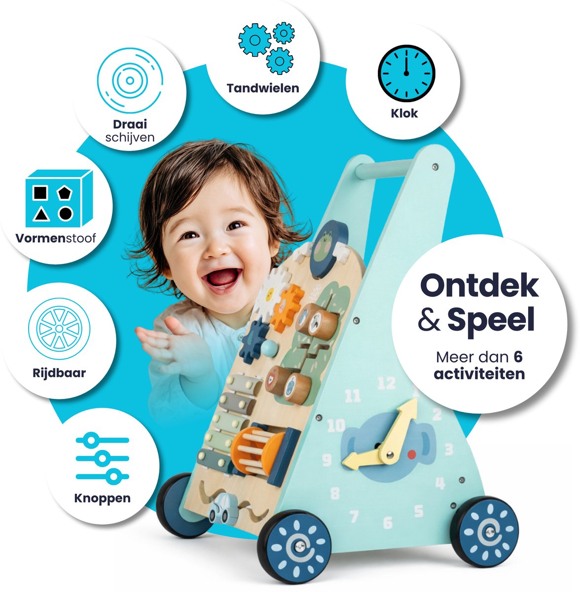 Laavir Activiteiten loopwagen - Houten Loopwagen voor Baby's - Montessori Activiteitenwagentje met Spelletjes en Klok - Mintblauw - FSC Gecertificeerd - 1 Jaar+ — afbeelding 5