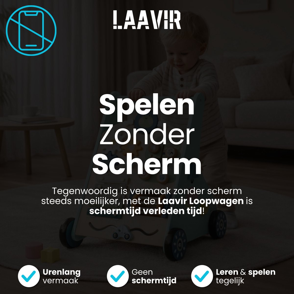 Laavir Activiteiten loopwagen - Houten Loopwagen voor Baby's - Montessori Activiteitenwagentje met Spelletjes en Klok - Mintblauw - FSC Gecertificeerd - 1 Jaar+ — afbeelding 9
