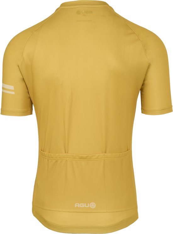 Achterkant van geel fietsshirt met korte mouwen en crèmekleurige strepen op de schouder. AGU logo.