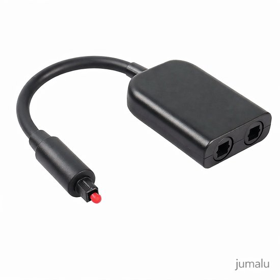 Zwarte optische audio splitter met flexibele kabel en rode dop.