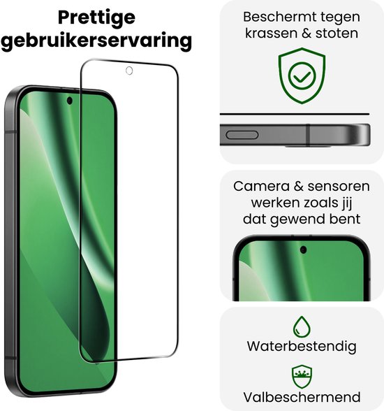 Glasplaatje op telefoon met groene achtergrond. Beschermt tegen krassen en stoten, waterbestendig, valbeschermend.
