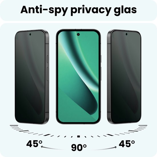 Drie smartphones met zwarte privacy screenprotector, getoond op 45°, 90°, en 45° hoeken.