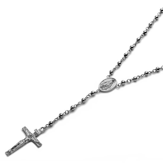 Rozenkrans ketting van zilverkleurig staal met een kruisje en ovaal medaillon.