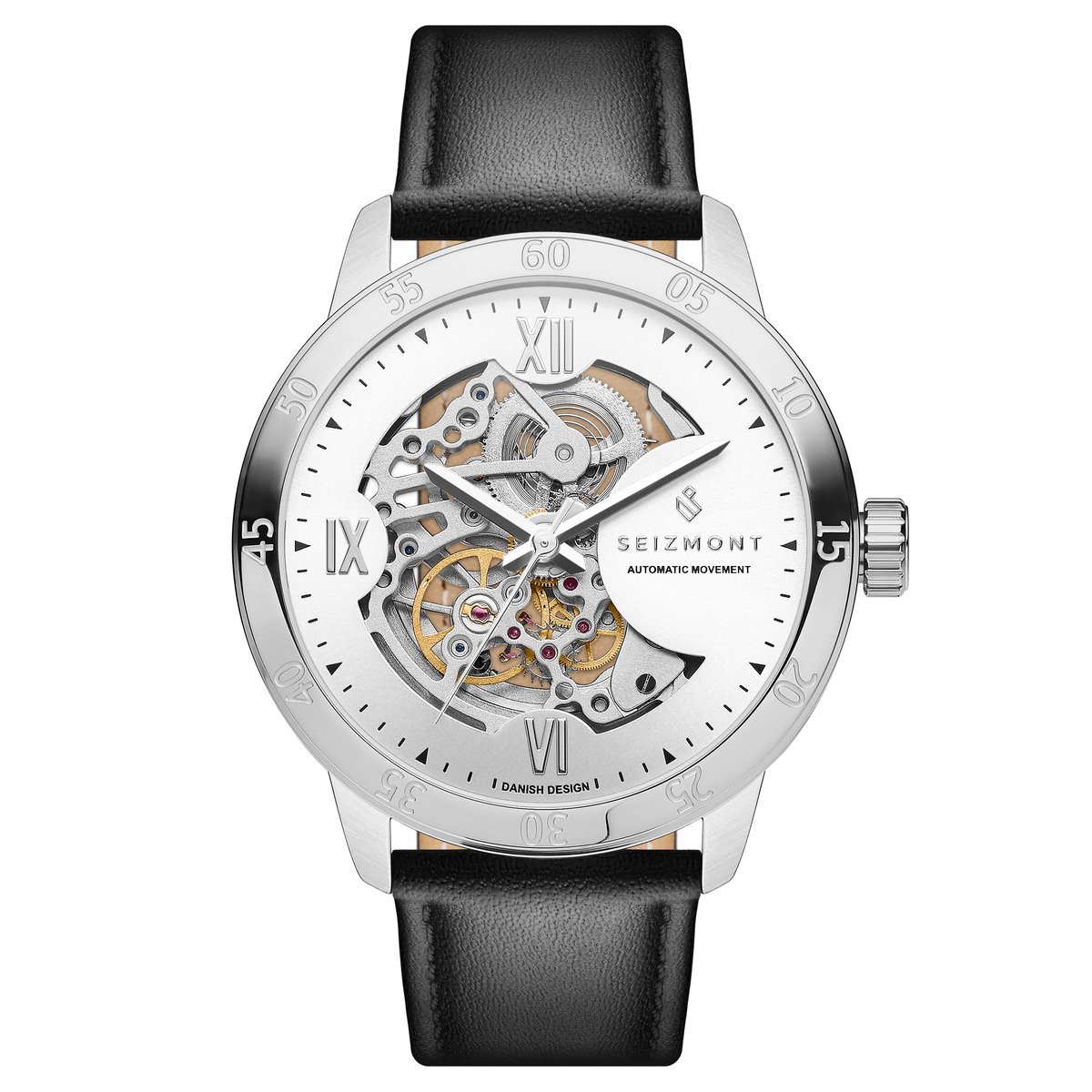 Dante II | Zilverkleurig en Zwart Roestvrijstalen Skelethorloge met Leren Band