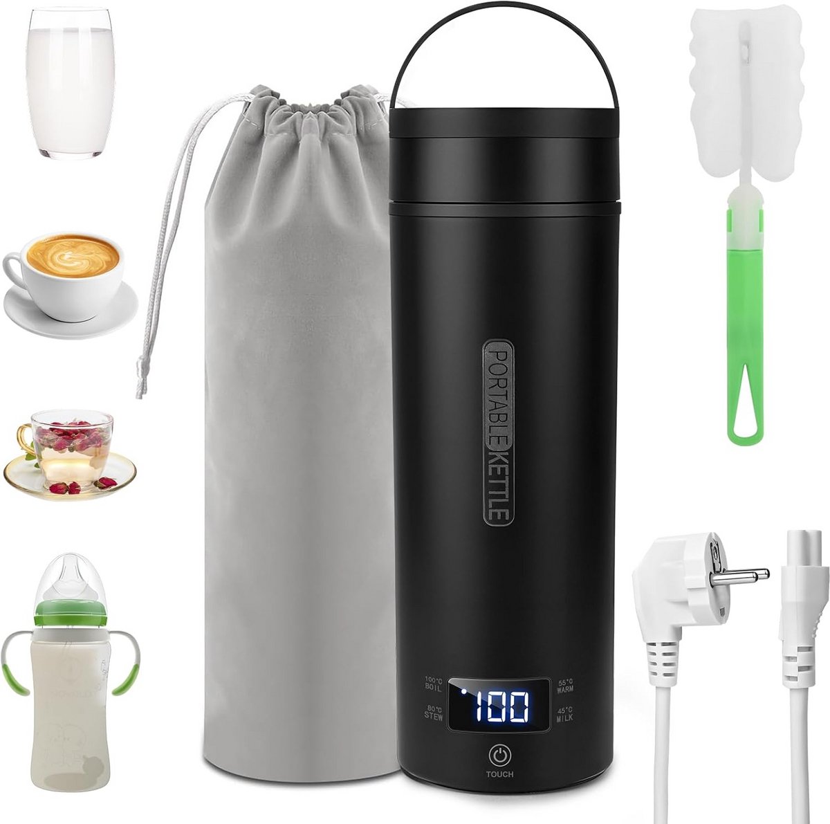 Reisketel Elektrisch RVS 500 ml met Temperatuurinstelling Draagbaar
