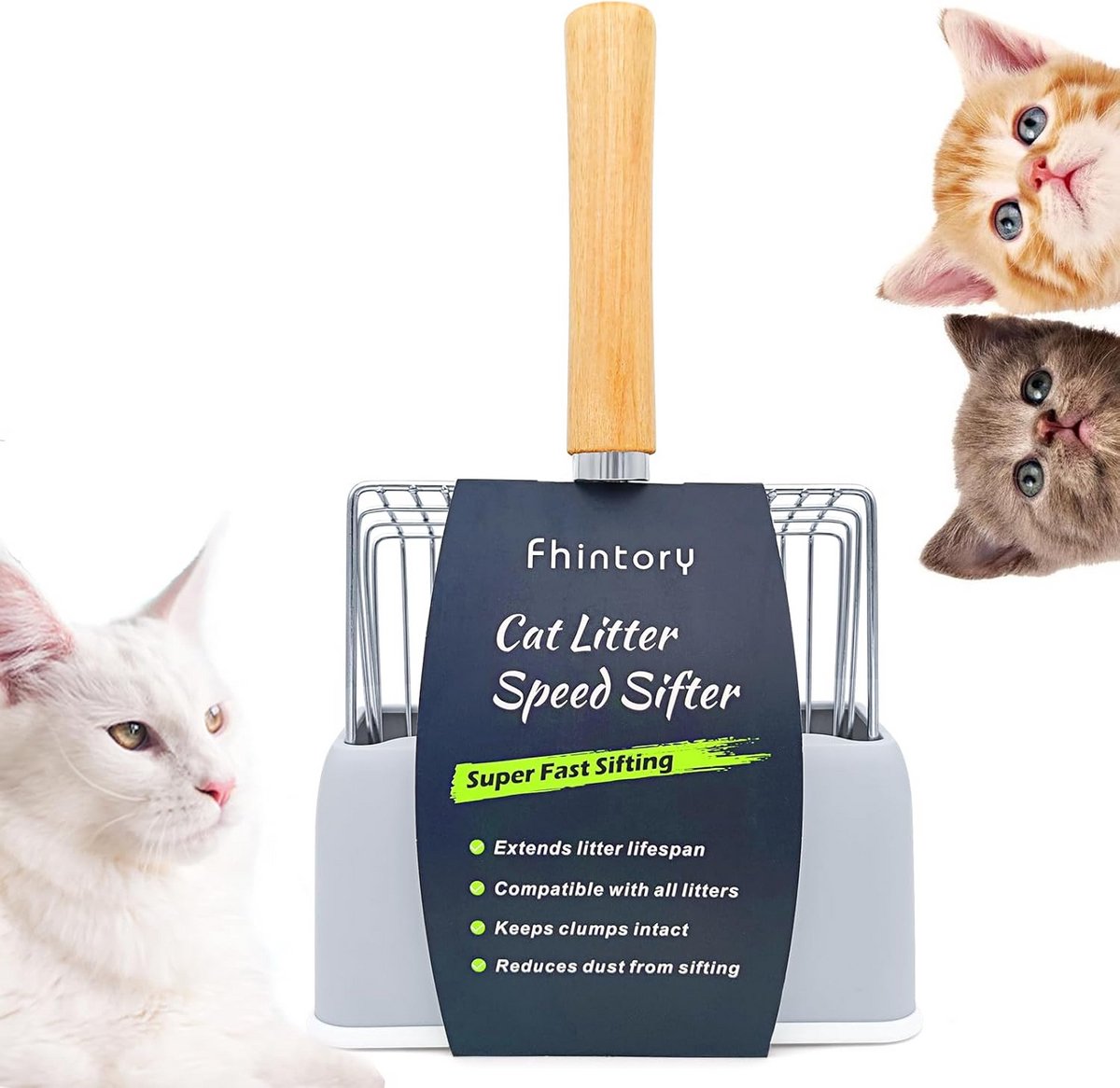 Duurzame metalen kattenbakschep met fijne zeef en houten handvat