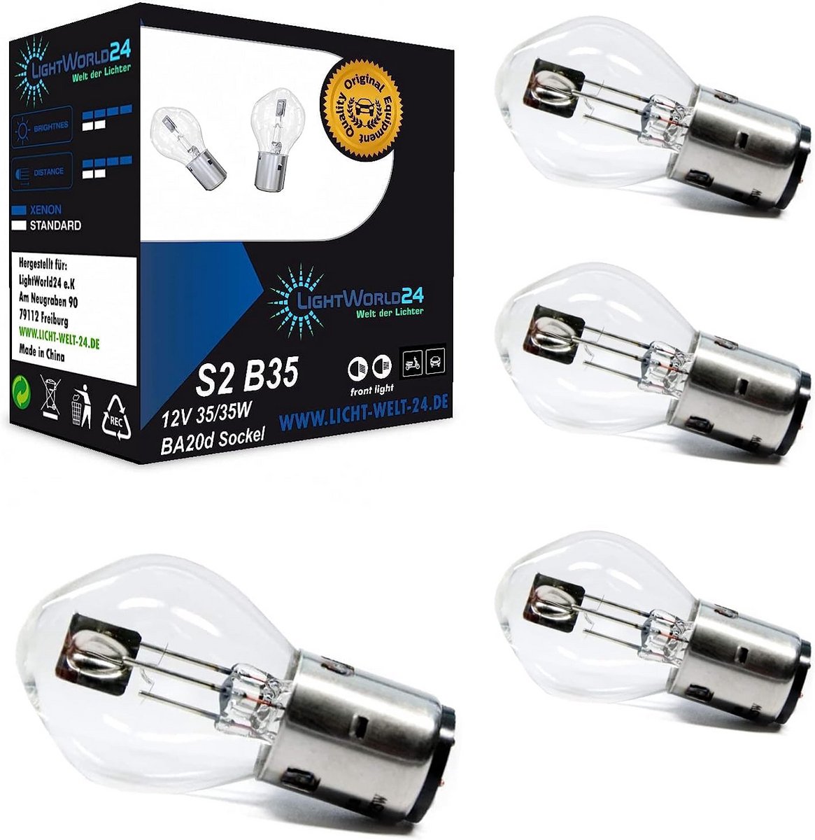 4x Halogeen Koplampen BA20d S2 35/35W 12V voor Scooter Motorfiets en Bromfietsen