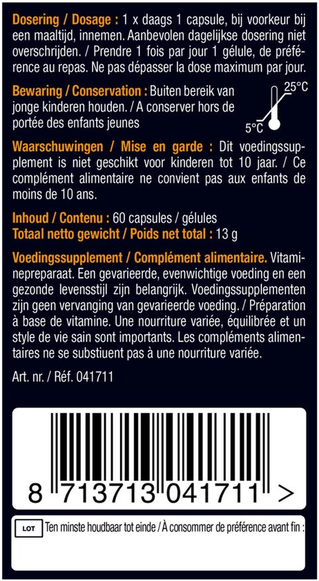Achterkant van de verpakking met informatie en barcode voor Lucovitaal Vitamine D3.