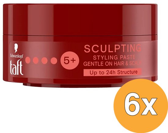 Donkerrode pot Taft Sculpting Styling Paste met 5+ fixatie, aangegeven als 6x voordeelverpakking.