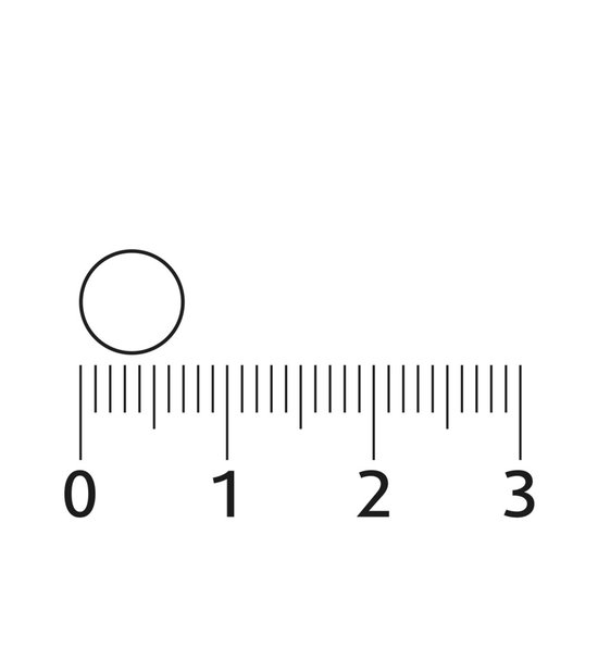 Een ringvormige capsule met een diameter van minder dan 1 cm, gemeten op een liniaal.