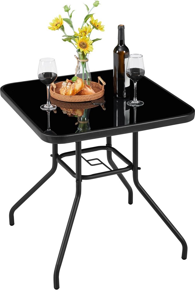 Tuintafel Vierkant Glas Zwart met Parasolgat Balkon en Terras Geschikt