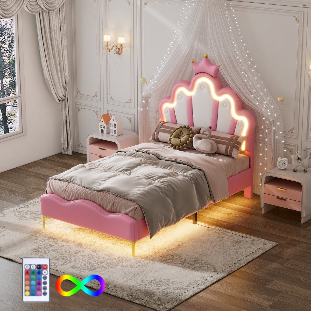 FloraGrace Gestoffeerd Bed 90x200cm – Prinsessenbed Met Kroon En Wolkvorm – Verstelbare Led Sfeerverlichting – Zonder Matras – Pu – Roze