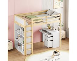 FloraGrace Hoogslaper 90x200cm – Met Opbergkast En Bureau – Aanpasbare Indeling – Ruimtebesparend Kinderbed – Houtlook – Zonder matras
