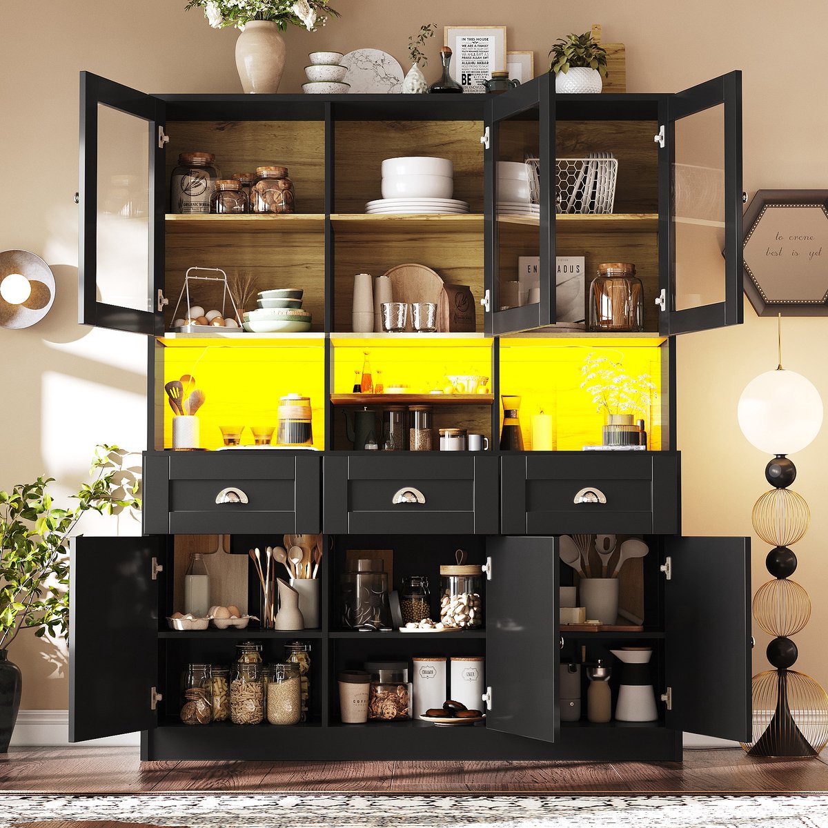 Keukenkast - 140x40x175 cm - Buffetkast met Ledverlichting - Verstelbare Planken - Hout - Zwart