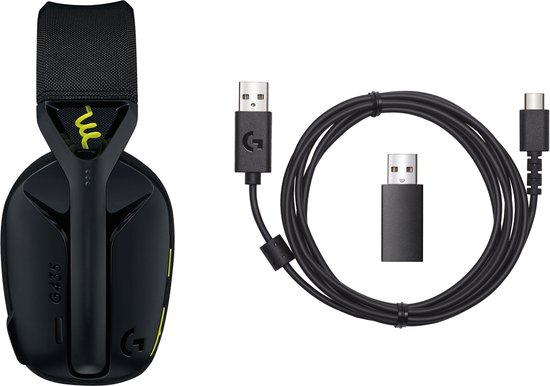 Casque Logitech G435 noir avec câble USB-C et dongle sans fil.