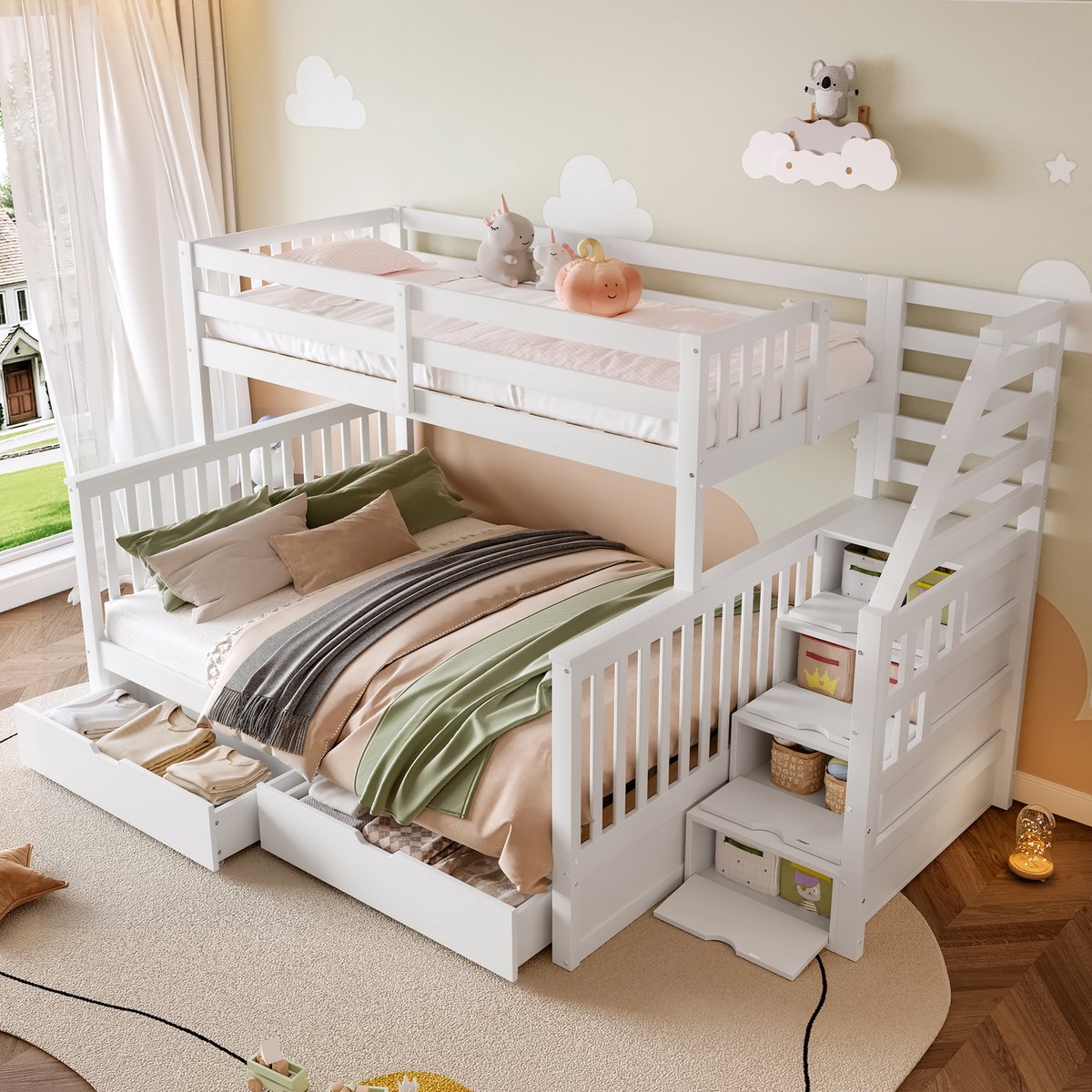 OKWISH Stapelbed 90x200cm En 140x200cm – Met Lades En Opbergruimte – Met Zijladder – Kinderslaapkamer – Massief Grenenhout – Zonder Matras – Wit