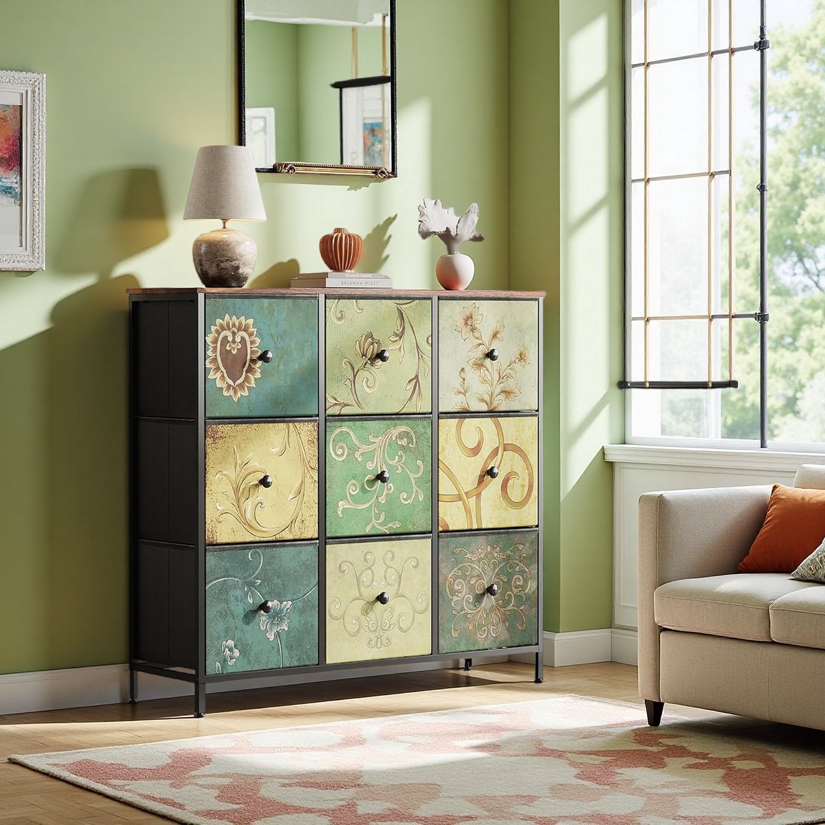 Ladekast met 9 Lades – Vintage Dressoir & Opbergkast – Retro Patroon – Smalle Kast voor Woonkamer/Slaapkamer/Hal – 100×30×86,5 cm
