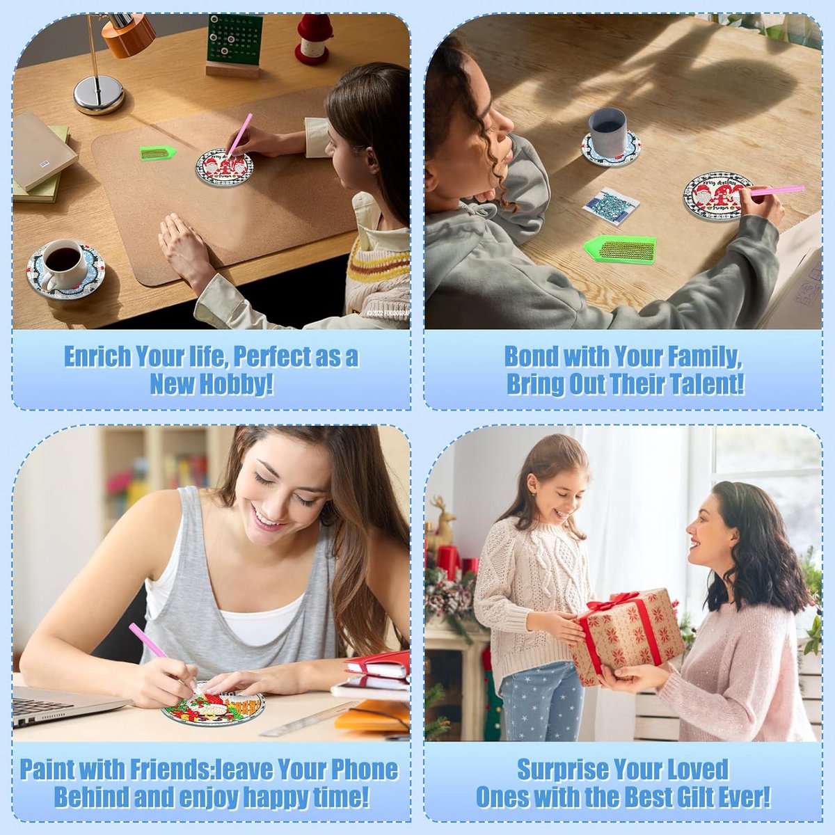 Set van 8 Diamant Schilderen Onderzetters met Houders - DIY Kerst & Gnome Thema