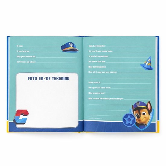 Een vriendenboek met een Paw Patrol logo en een tekening- of foto-ruimte. Met Chase en de Paw Patrol logo's.