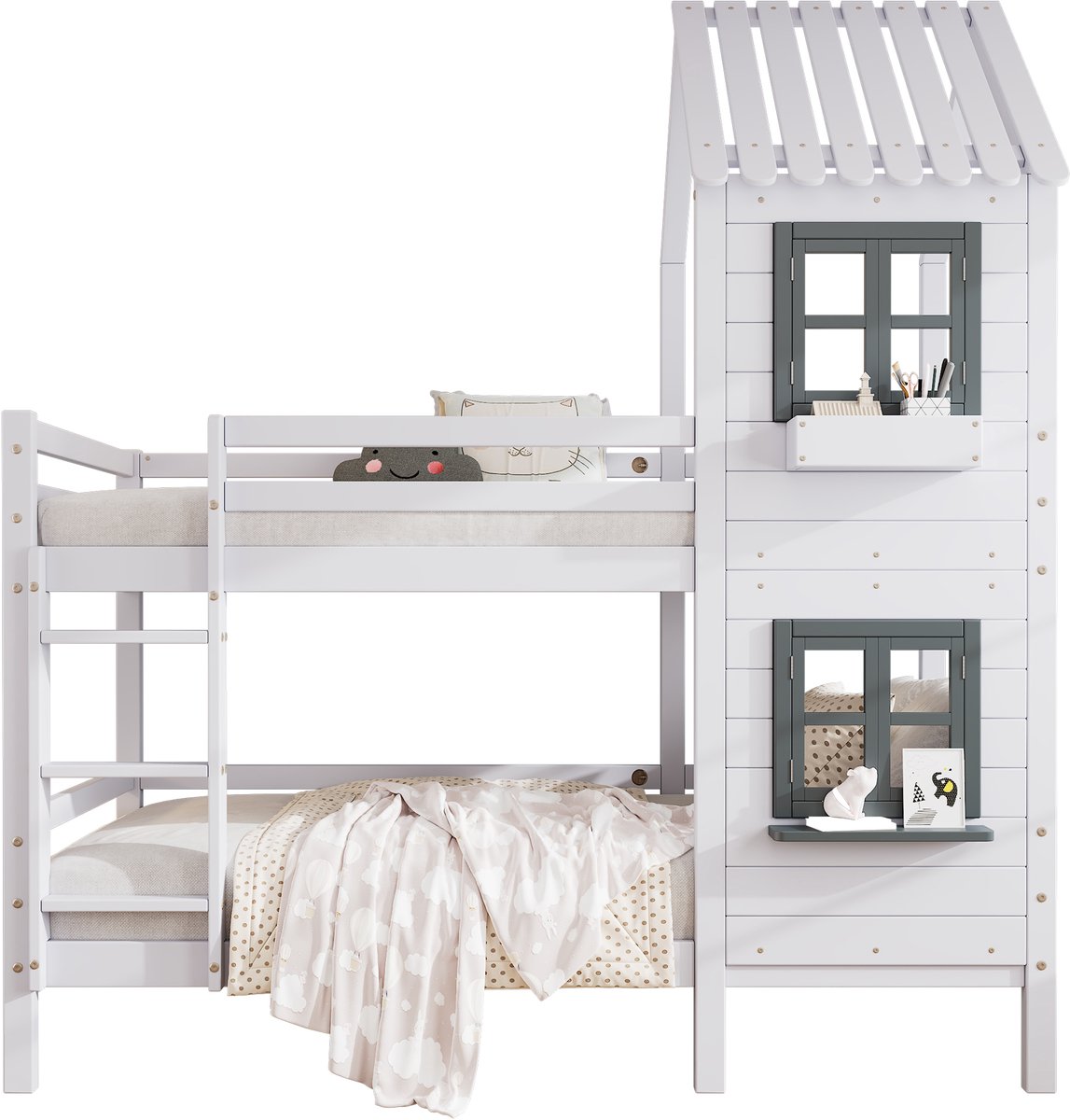 Merax Stapelbed 90x200 cm - Huisbed met Raam en Dak - Bed voor Kinderen - Wit met Grijs