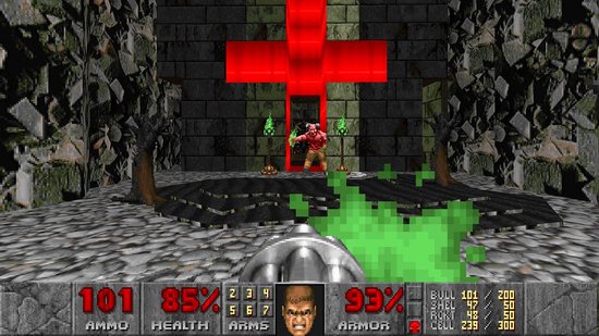 Eerste-persoonsperspectief van Doom-game. Een rode demon en een soldaat met een groen slijmspoor.