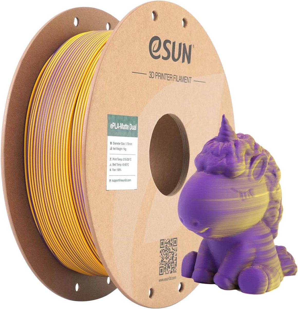 Mat Filameet 1.75mm voor 3D Printer, Glansvrij PLA, Dubbele Kleur (Paars Geel), 1KG Spoel