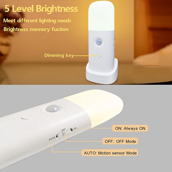 Een LED-nachtlampje met bewegingssensor, oplaadbaar via USB, dimbaar, multifunctioneel, met ingebouwde oplaadbare batterij van 2000 mAh. Dit draagbare nachtlampje met bewegingssensor is geschikt voor woonkamers van Merkloos — afbeelding 2