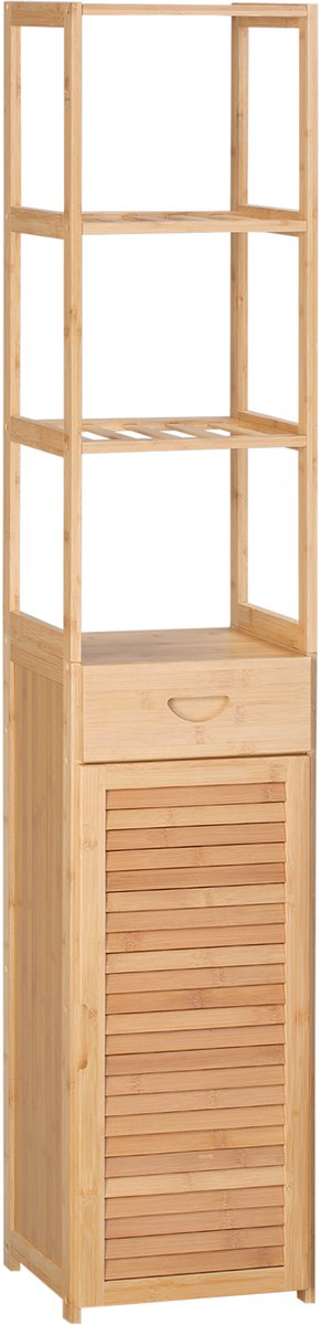 Badkamerplank, 3 Open Vakken, Lade, Deur Met Lamellen, Bamboe, 32 x 30 x 163 cm