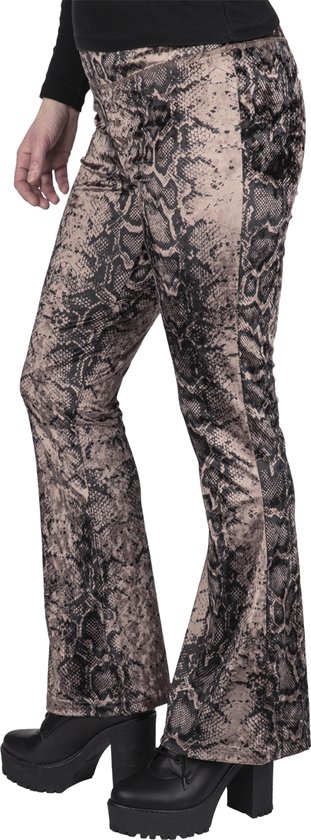 Broek met bruin-zwarte slangenprint, uitlopende pijpen.