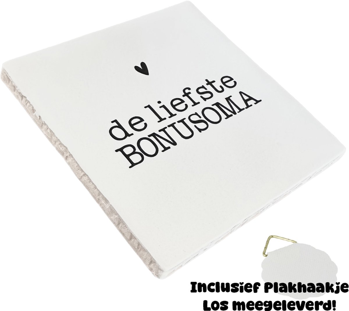 Snoes Spreuktegel – De liefste BONUSOMA – Wit met Zwart – Inclusief Plakhaakje – Handgemaakt Spaans Keramiek 10x10 cm – Cadeau Bonusoma – Persoonlijk Kado Familie