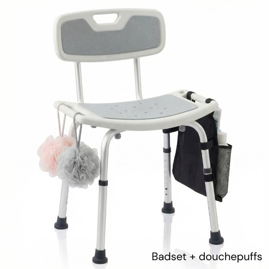 BY JRM® Douchekruk - Douchestoel - Incl. badset, douche puff, douchekophouder - Met Armleuning - Hoogte Verstelbaar - Antislip - Grijs