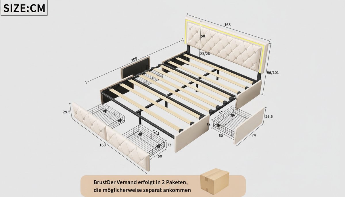 Bed 160x200 cm met Opberglades – Casa Velluto Milano Luxe Gestoffeerd Tweepersoonsbed – PU Leer – Lattenbodem – Gebroken Wit – Zonder Matras