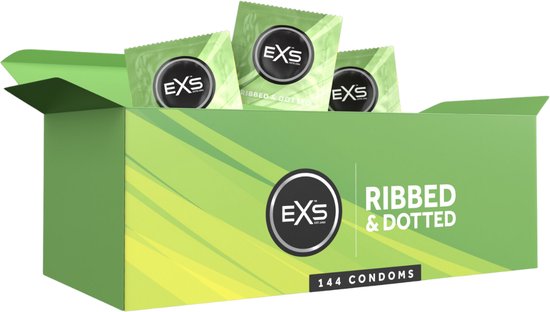 Groene kartonnen doos geopend met drie groene EXS Ribbed & Dotted condooms.
