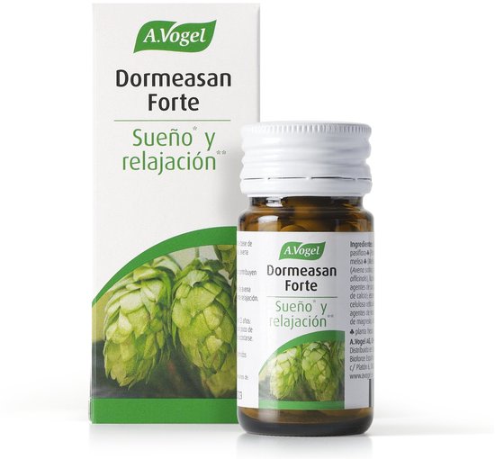 A.Vogel Dormeasan Forte verpakking met flesje tabletten. Flesje met witte dop bevat bruine tabletten. Doosje heeft hop afbeelding.